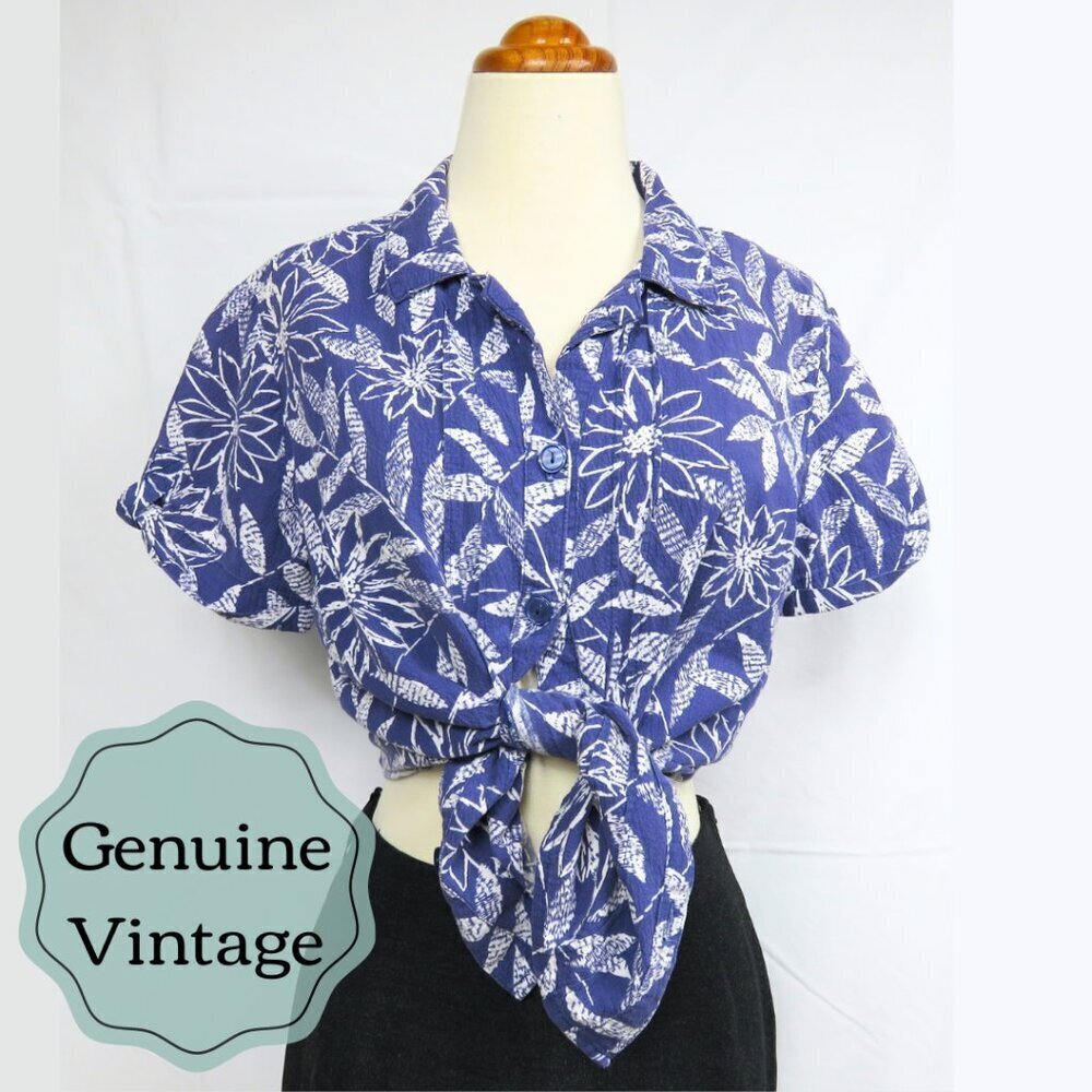 Vintage 80's Blouse - Retro Leaf Print - Button Up - 90's - Blue White Tropical﻿